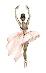 Watercolor dancing ballerina with dark skin, and drawn brown bindweed branches,pink-brown dragonfly © Leila