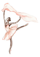 Obraz premium Watercolor dancing ballerina with dark skin, and drawn brown bindweed branches,pink-brown dragonfly