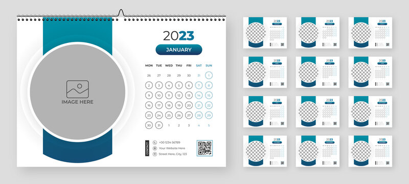 Desktop Monthly Photo Calendar 2023. Simple monthly horizontal photo calendar Layout for 2023 year in English. Cover Calendar and 12 months templates. Week starts from Monday. Vector illustration