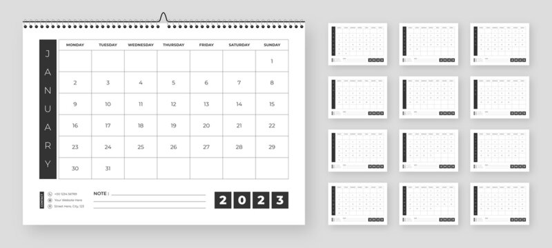 Monthly calendar for 2023 year. Week Starts on Monday.