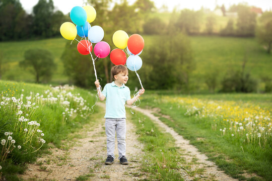 four-year-old boy with balloons walks in a green meadow with dandelions