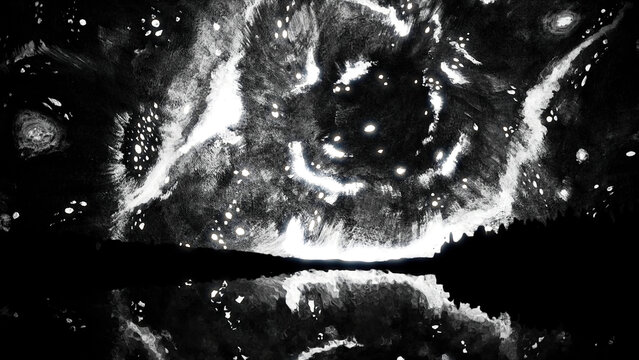 Black-white galaxy. Animation with oil painting effect on canvas. Landscape with black siluets of hills and lake with reflection of black-white night sky