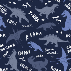 Dino Seamless Pattern, Cute Cartoon Dinosaurs Doodles Vector Illustration