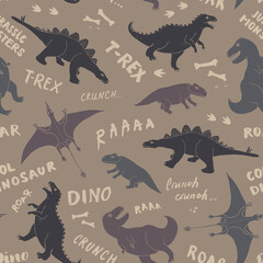 Dino Seamless Pattern, Cute Cartoon Dinosaurs Doodles Vector Illustration