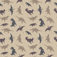 Dino Seamless Pattern, Cute Cartoon Dinosaurs Doodles Vector Illustration