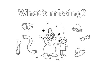 What's Missing learning game for small children - color and find clothes for cold weather. Vector coloring book pages for kids. Learning English language