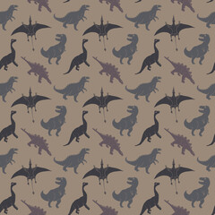 Dino Seamless Pattern, Cute Cartoon Dinosaurs Doodles Vector Illustration