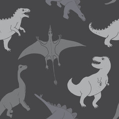 Dino Seamless Pattern, Cute Cartoon Dinosaurs Doodles Vector Illustration