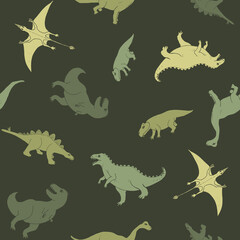Dino Seamless Pattern, Cute Cartoon Dinosaurs Doodles Vector Illustration