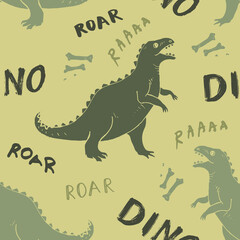 Obraz premium Dino Seamless Pattern, Cute Cartoon Dinosaurs Doodles Vector Illustration