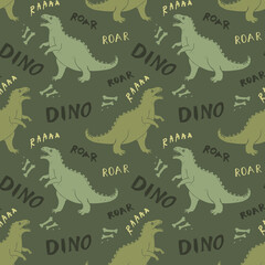 Dino Seamless Pattern, Cute Cartoon Dinosaurs Doodles Vector Illustration