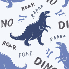 Dino Seamless Pattern, Cute Cartoon Dinosaurs Doodles Vector Illustration