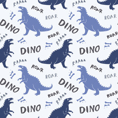 Dino Seamless Pattern, Cute Cartoon Dinosaurs Doodles Vector Illustration
