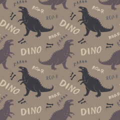 Dino Seamless Pattern, Cute Cartoon Dinosaurs Doodles Vector Illustration
