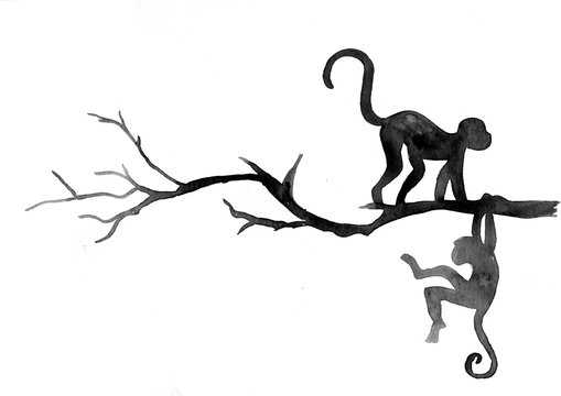 Watercolour Silhouette of Monkeys on a branch