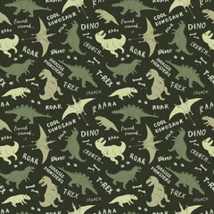 Dino Seamless Pattern, Cute Cartoon Dinosaurs Doodles Vector Illustration