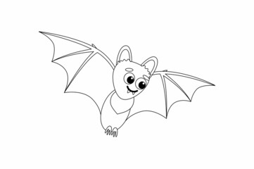Funny flying bat coloring page. Black and white bat. Vector