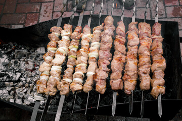 Marinated meat with onion, food cooking on skewers on fire. Preparing pork shashlik on a charcoal mangal. Beef grill. BBQ. Side view. Outdoors picnic. Traditional tasty shish. Juicy meal. Close-up