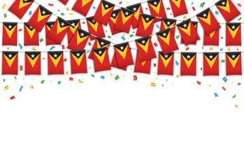 East Timor flag garland white background with confetti, Hang bunting for East Timor Independence Day celebration template banner, Vector illustration