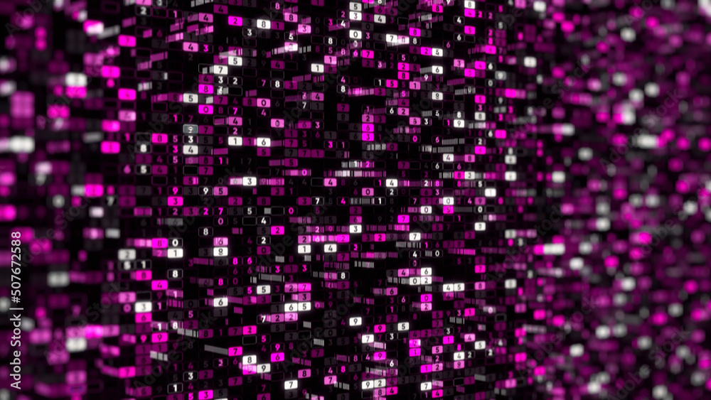 Poster abstract background of colorful numerical values in columns hanging while moving on a black backgrou