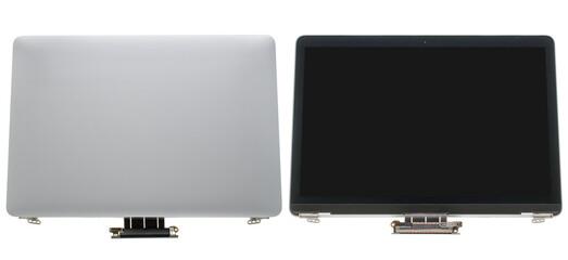 body parts for a laptop, a screen assembly for a laptop, a spare part for a computer, on a white background in isolation