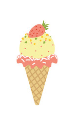 Ice cream. Waffle cone with yellow scoop and fresh strawberry. Cartoon, flat, vector