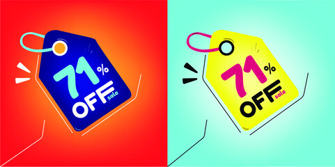 Discount tag for promotion with sale 71% off. Same model with different colors split in half in the background