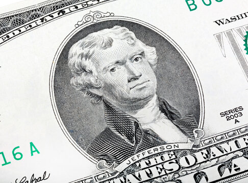 Thomas Jefferson. Qualitative portrait from 2 lucky dollars bill. Made an angle end stacked.
