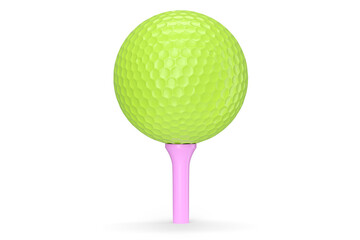 Green golf ball on tee isolated on white background