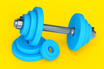 Metal dumbbell with blue disks isolated on yellow background