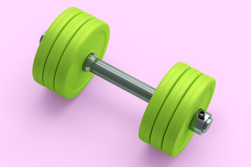 Metal dumbbell with green disks isolated on pink background