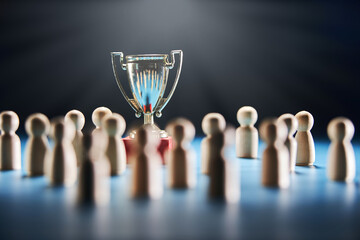 gold colored trophy in the middle group of wooden figurines.