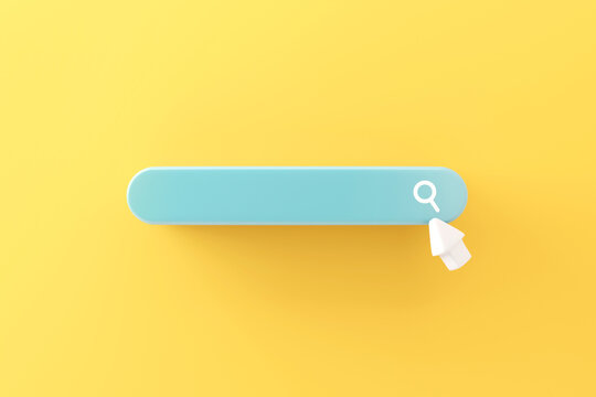 Minimal search or magnifying glass in blank search bar with white arrow on yellow background, 3d render, copy space.