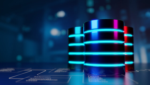Multiple database is placed on Relational database tables with server room and datacenter background. Concept of database server, SQL, data storage, database diagram design. 3D illustration.