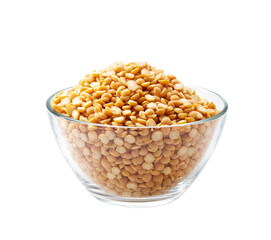 dried peas in a clear glass bowl isolated on white background.
