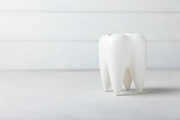 White tooth model on a white wooden background. The concept of dental hygiene. Prevention of plaque...