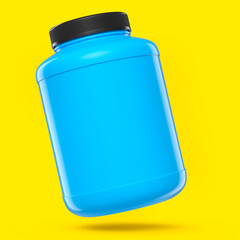 Blue plastic jar for sport nutrition whey protein powder isolated on yellow
