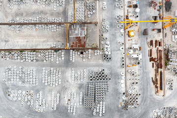 Industrial Storage Place of Round Concrete Elements. Aerial View of Industrial Place.