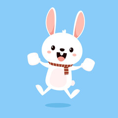 Kawaii bunny. Rabbit cartoon on blue background. White marshmallow vector.