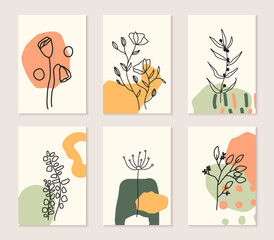 Fototapeta premium Botanical art. Abstract organic vector shapes, leaves, plants. Set of natural templates, covers, posters, greeting cards, frames, backgrounds in doodle style