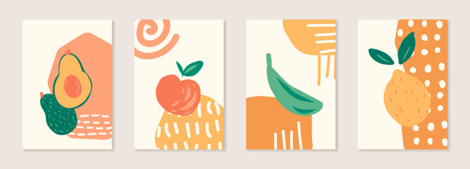 Abstract shape arts vector illustrations background with summer fruit design. Set of natural templates, covers, posters, greeting cards, frames, backgrounds in doodle style