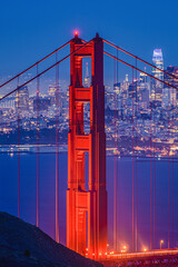 Golden Gate Bridge At Night With Transamerica Pyramid In Archway San Francisco California