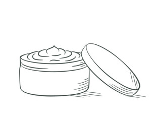 Cream in a jar with a lid. Doodle sketch style. Line drawing cream simple icon. Isolated vector illustration.