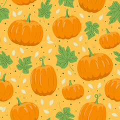 pumpkin seamless pattern on orange background. Pumpkin, leaves, seeds. Flat, vector