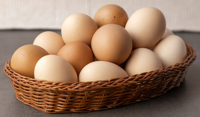 Farm chicken eggs. Lots of eggs in a wicker basket close up.