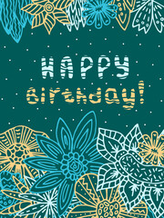 Happy Birthday card with strange flowers. Line art, vector