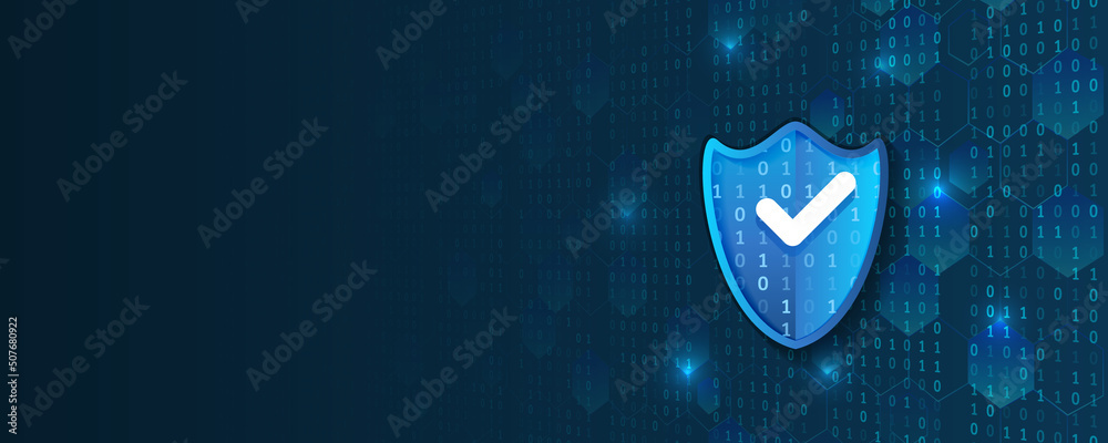 Poster Cyber security and data protection. Shield icon, future technology for verification. Abstract high tech background. Data security system, information, or network protection.