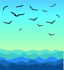 Birds flying in the sky. Collection of marine waves. Sea wavy, ocean art water design. Vector illustration