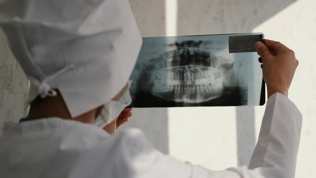 Doctor examines panoramic computed tomography and x-ray of human teeth.