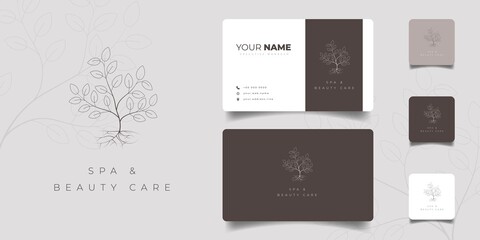 Line art of tree for logo design with business card template in brown and white background